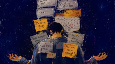 Figure with lowered shoulders and open palms beneath messages, calendar notes, and reminders settling from above.