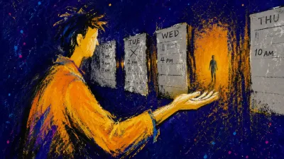 A half-turned figure holds one palm open as a warm silhouette drifts behind calendar panels across a widening silver gap.
