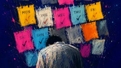 A solitary figure with lowered shoulders under a descending grid of bright calendar blocks and cool office space.
