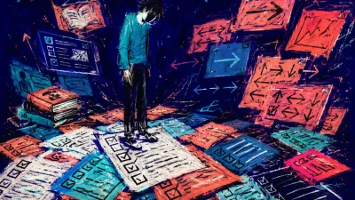 A solitary figure stands on overlapping checklists as coral screens, books, and panels close in across a deep indigo floor.