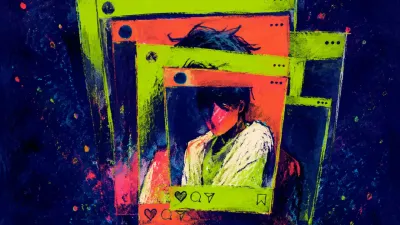 A solitary figure angled beneath overlapping bright feed frames, with color fading from the torso as panels recrop the space.