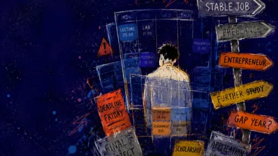 A solitary figure with lowered shoulders inside overlapping timetable panels as job signposts crowd a narrow indigo exit.