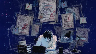 A seated figure with lowered shoulders as marked pages and suspended notes settle around a desk, narrowing the space ahead.