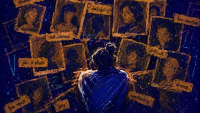 A solitary figure inside an old-photo outline, with repeated labels and silhouettes closing around the shoulders and arms.