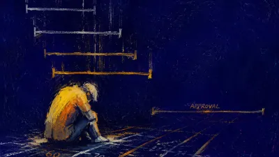 A solitary figure with lowered shoulders as measuring lines settle from above and approval gates shift across a marked floor.