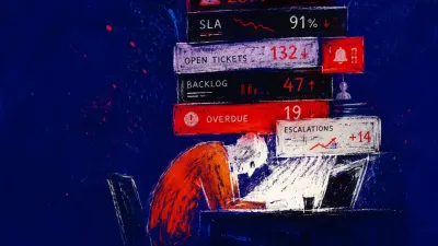 A figure bent over a glowing desk as stacked metric panels settle above the shoulders, narrowing the indigo room.