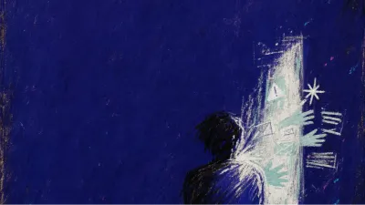A solitary figure beside a glowing doorway as hands, messages, and alert lights push through a veil into dark private space