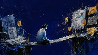 A figure stands between training notes and a live task board, shoulders facing a suspended gap in silver and amber.