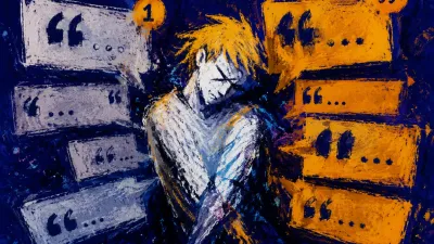 A figure leans back with shoulders drawn inward as stacked amber message panels narrow the indigo space around the torso.
