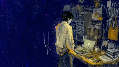 A solitary figure turns sideways as narrow space encroaches, stacked objects filling the path beside one crowded table.