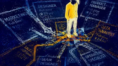 Routes Closing Around Your Feet A solitary figure stands amid overlapping listing frames as silver and amber route markers crowd the floor at their feet.