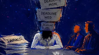 A seated figure with lowered shoulders beneath descending deadline blocks as task sheets stack across a narrow meeting space.