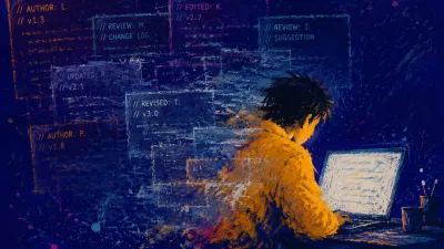 A solitary figure faces a laptop as layered code panels encroach over the shoulders, fading the body outline into cool grey.