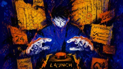 A figure with shoulders drawn inward between calendar walls, both palms suspended above an unlit launch control