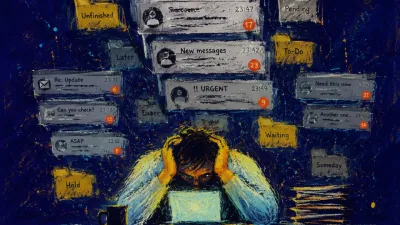 A figure sits with raised shoulders at a glowing desk as message windows stack overhead and folders crowd the workspace.