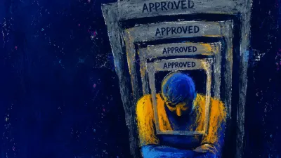 A solitary figure with lowered shoulders as stacked grey approval frames settle inward around the torso against deep indigo.