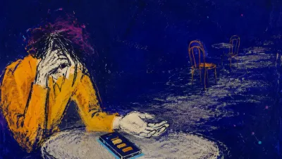 A seated figure extends an open palm beside a lit phone while empty cafe chairs drift into widening silver and indigo space.