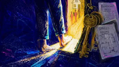 A solitary figure pauses at a lit threshold, feet behind brass keys and deed papers narrowing the entrance.