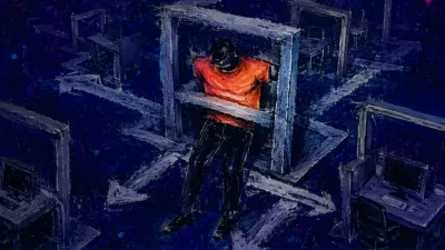 A solitary figure held within overlapping office frames as narrow corridors redirect their feet toward another workstation