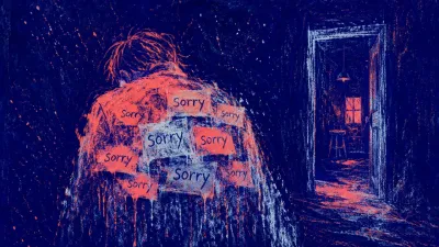 A figure with rounded shoulders under apology notes, fading at the edges as a doorway loops into the same room.