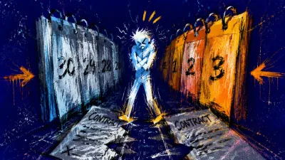 A solitary figure stands between closing calendar panels as unsigned contract pages tilt the floor beneath their feet.