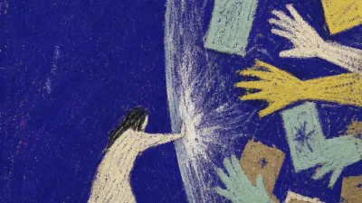 A solitary figure braces one palm against a veil as phone screens and hands press messages and photos into it