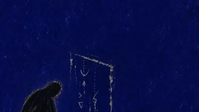 A figure hunched over a glowing syllabus, fingertips at a sealed doorway as pale codes recede into deep indigo