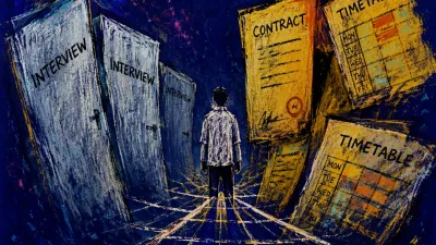 Every Route Presses Inward A solitary figure stands on a narrowing floor grid as interview doors and timetable panels press inward from both sides.