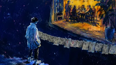 A solitary figure angles toward a lit room, feet suspended at a calendar-lined threshold across a widening indigo gap.