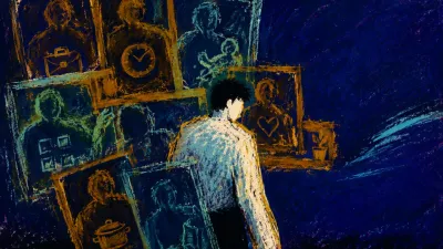 A solitary figure turns from overlapping amber frames as silhouettes press inward around the torso in deep indigo space.