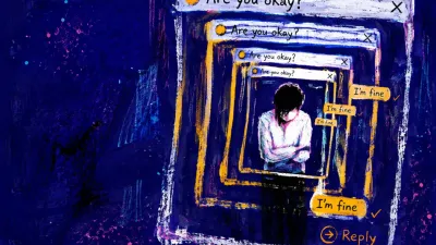 A solitary figure with arms held close inside repeating message frames, pale rectangles pressing inward around the torso.