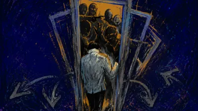 A solitary figure angles their shoulders through a narrowing doorway as overlapping silhouettes crowd every visible path.