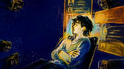 A figure leans back with folded arms as translucent message panels and camera frames press inward through indigo space.