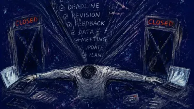 A solitary figure with lowered shoulders and extended arms as task lines converge and closed frames narrow the workspace.