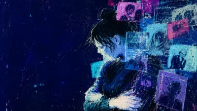 A figure folds both arms across the torso as translucent photo and message panels overlap behind in cyan and indigo.