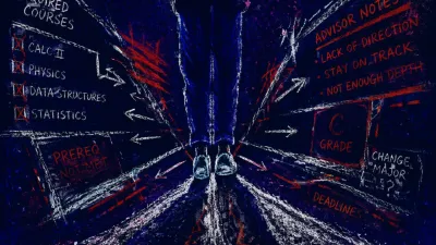 A solitary figure stands at a divided threshold, marked corridors pressing inward around their feet.