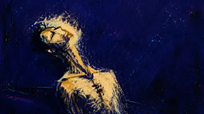 A solitary figure with a pale amber chest and misaligned spine, surrounded by deep indigo and a sharply fading color edge.