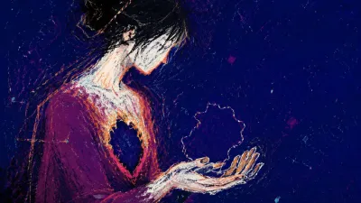 A solitary figure with an open chest glow and empty hands, muted plum shadows holding the outline of something set down