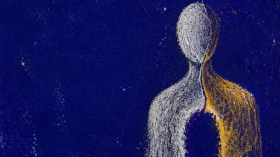 A solitary figure with a hollow chest, a dim narrow window shape edged by cold silver and muted amber in indigo space