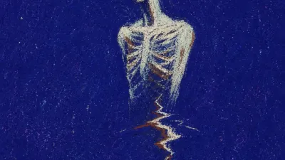 A solitary figure suspended in dark space, a missing floor below and cold white edges cutting through rust-toned air