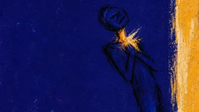 A solitary figure with throat and chest held tight before a dark threshold, amber light compressed by deep indigo shadow