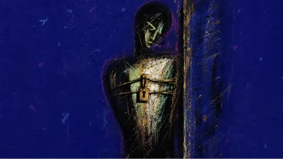 A solitary figure with a tightened chest before a dark threshold, iron black space edged with pale gold