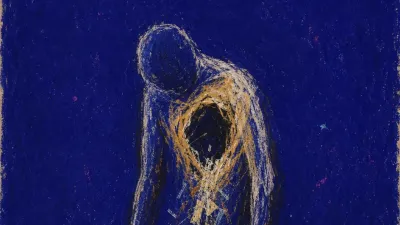 A solitary figure with heavy lowered hands and a hollow chest, cold amber spilling across deep indigo space