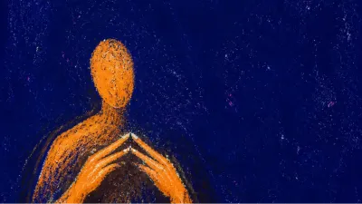 A solitary figure with hovering hands and a tight chest, warm amber light pressed against cold indigo space