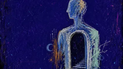 A solitary figure with a hollow chest paused between dim banks, faded grey and moonlit blue space stretching ahead