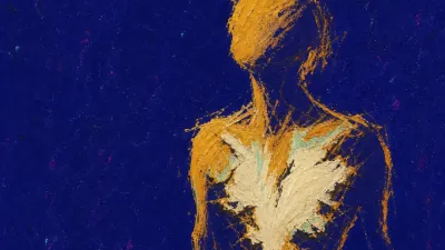 A solitary figure with a loosening body outline, warm amber static pressing against cold indigo space