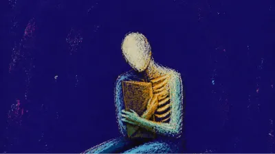 A solitary figure in dark space with a clipboard-like weight over the ribcage, cold teal fading into spent amber