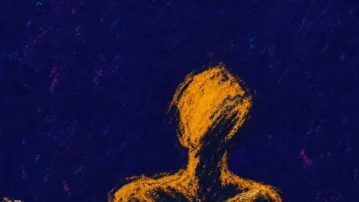 A solitary figure with tense shoulders and a loose chain near the chest, warm amber pressed into deep indigo space