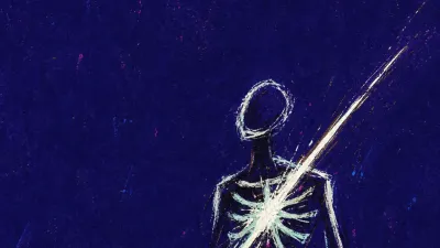 A solitary figure with a bright strike at the ribcage, white light cutting through deep indigo stillness