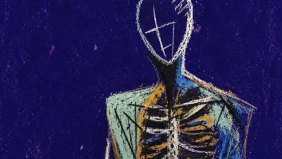 A solitary figure with tight ribs beneath blade-like shadows, ash blue pressure edged with amber in deep indigo space